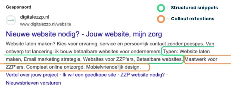 Structured snippet extensie voorbeeld in een Google advertentie