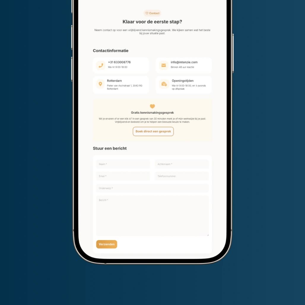 Tweede mobiele weergave van de website van Intenzie