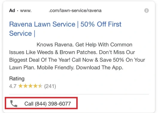Bel extensie voorbeeld in een Google advertentie