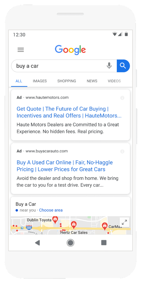 Lead formulier extensie in Google Ads voorbeeld