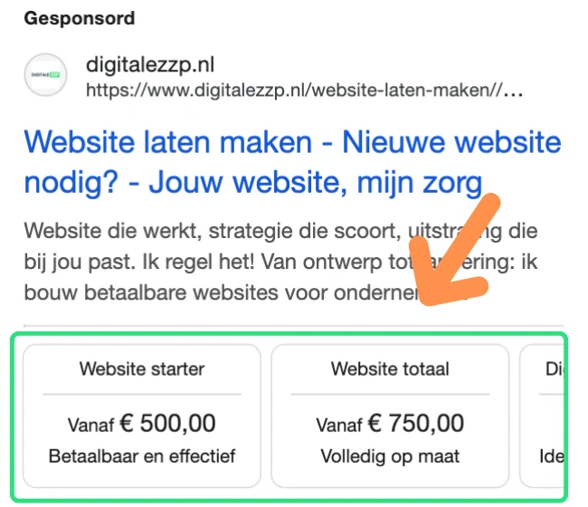Prijs extensie voorbeeld voor Google Ads extensions