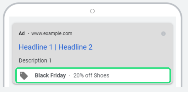 Promotie extensie voorbeeld voor Google Ads extensions