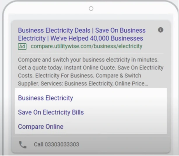 Sitelink voorbeeld in advertentie voor Google Ads extensies