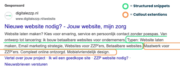 Structured snippet extensie voorbeeld voor Google Ads